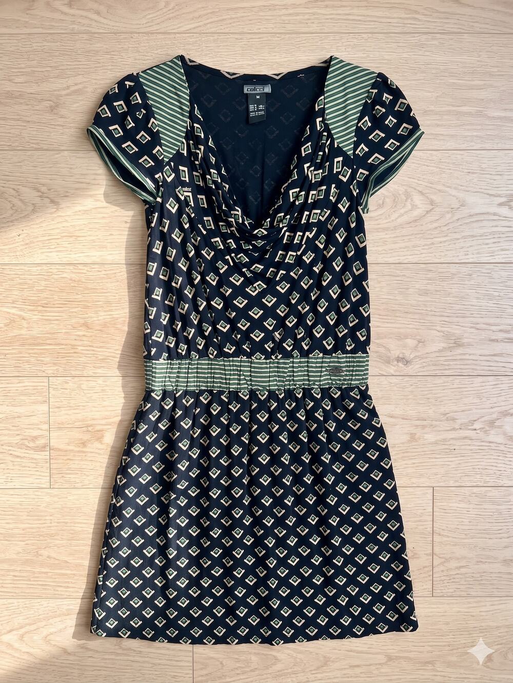 Colcci Womens M Boho Artsy Eclectic Geometric Smocked Waist Cowl Neck Dress